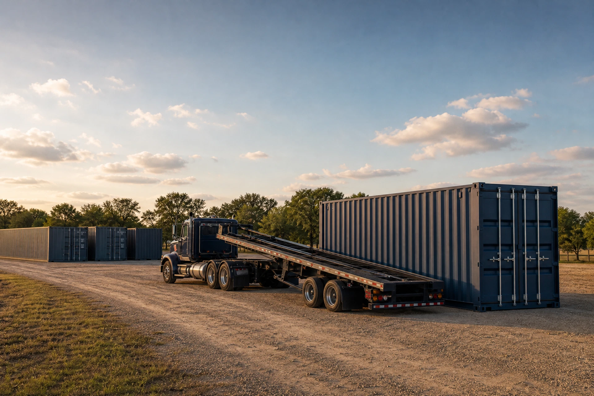 Tilt-bed trailer moving a shipping container on a Texas property